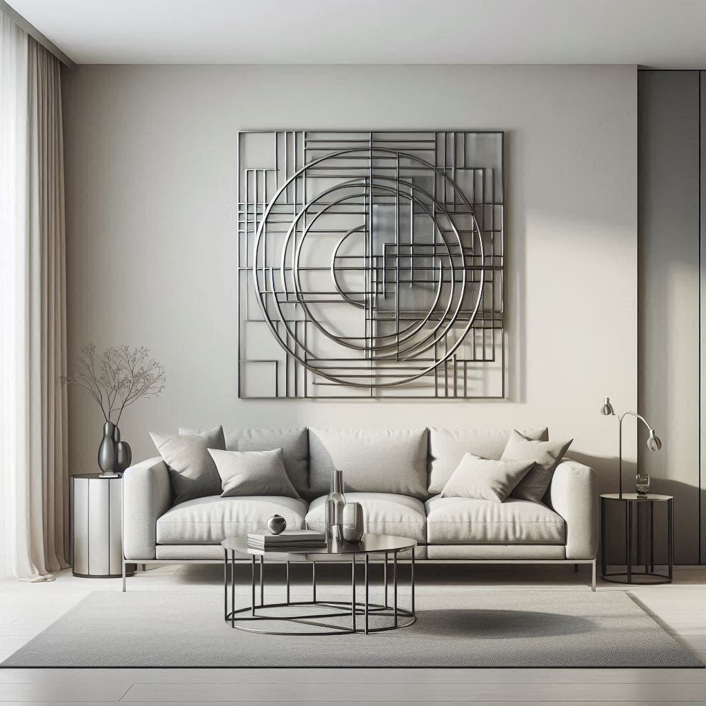 AI generated frame inspired by geometrical shapes, made of stainless steel, a representation of home decor metal art